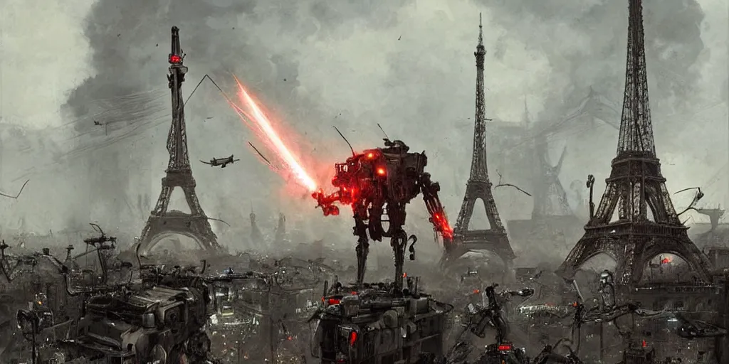 Image similar to war of the worlds, giant mech attack paris, human soldiers, eiffel tower! intense fighting, glowing lights!! digital painting, very detailed, art by jakub rozalski