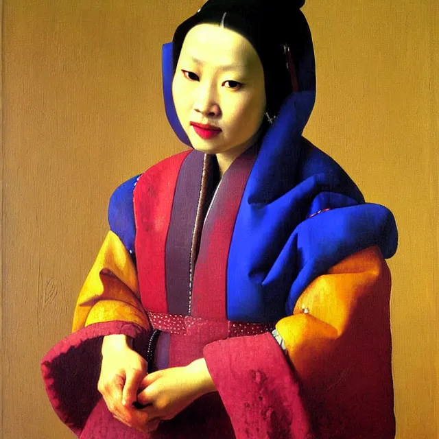 Image similar to a beautiful painting asian woman, by jan vermeer realistic oil painting