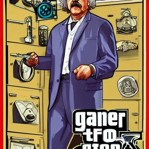 Image similar to illustration gta 5 artwork of albert einstein, in the style of gta 5 loading screen, by stephen bliss