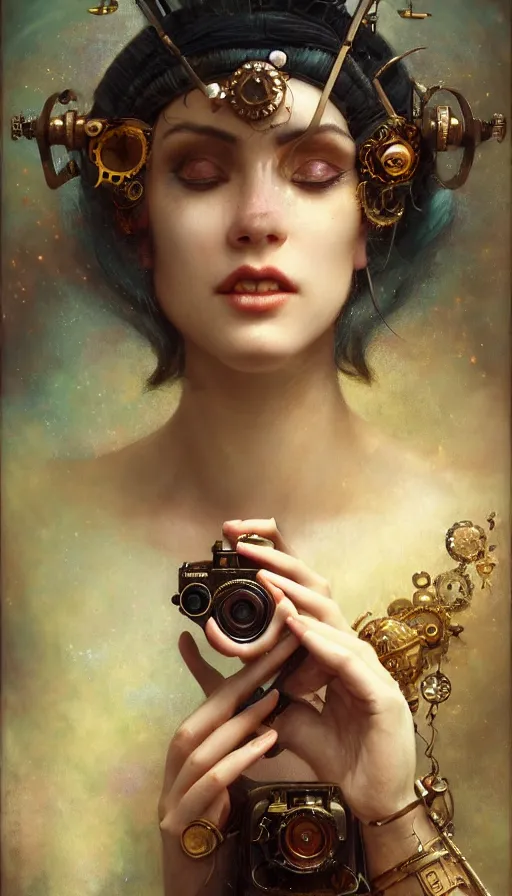 Prompt: hyper realistic photographer taking a picture, magical, gems, jewels, gold, steampunk, cyberpunk, painted by tom bagshaw, mucha, gaston bussiere, craig mullins, j. c. leyendecker 8 k