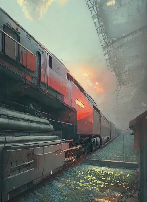 Prompt: a beautiful insanely detailed matte painting of a train, sharp, ray tracing, ambient occlusion, octane render, intense colors, by moebius, by greg rutkowski, by rossdraws