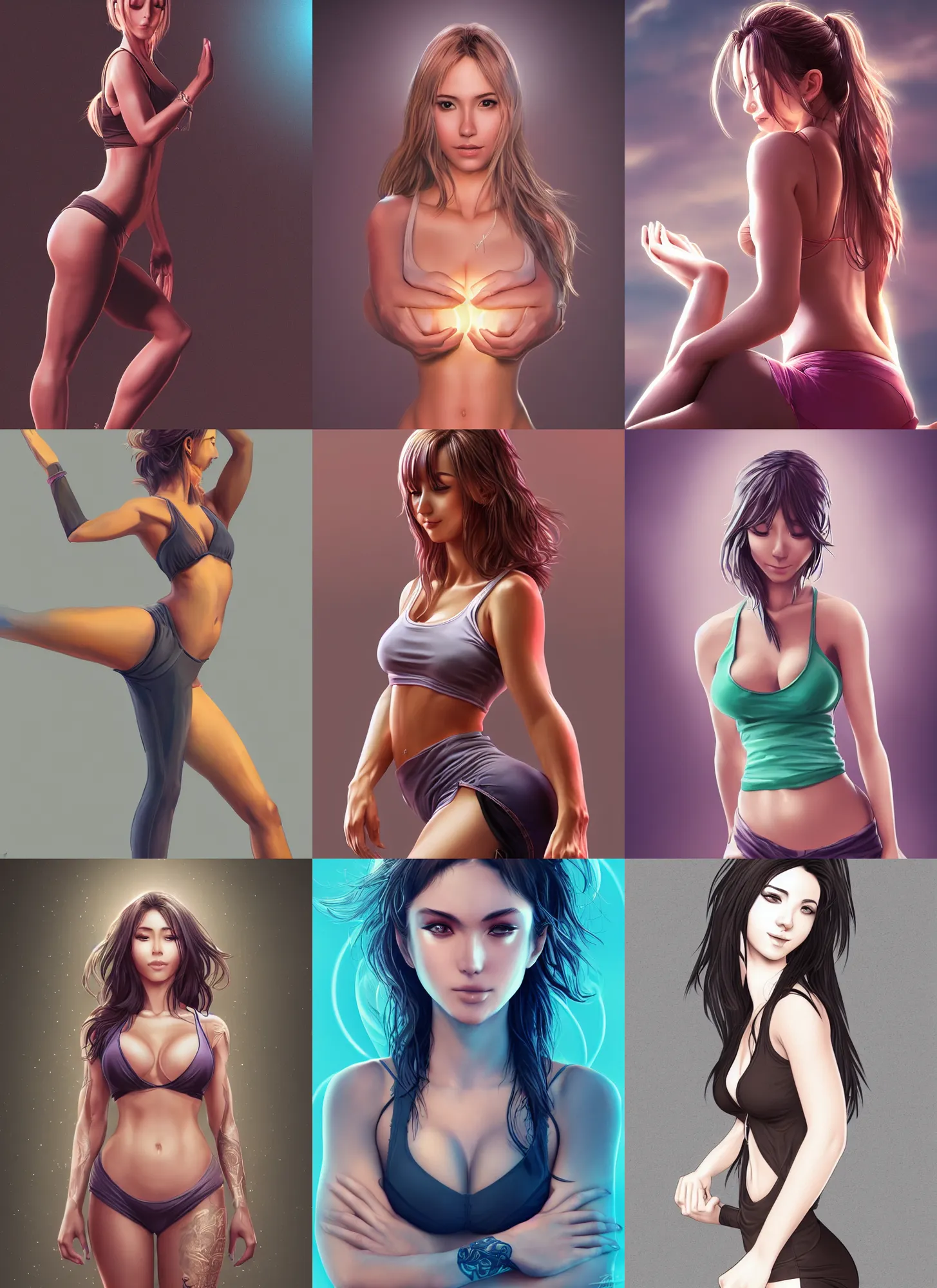 Prompt: very detailed full body portrait of alluring yoga instructor, manga, fantasy, beautiful, pretty face, curvaceous, dreamy aesthetic, 4 k, aura of light, cinematic lighting, highly detailed, sharp focus, artstation, masterpiece