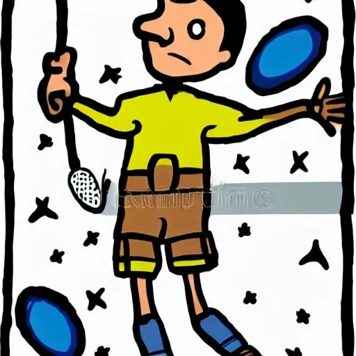 Prompt: Cartoon, Illustration, Ink, Man playing discgolf in space,