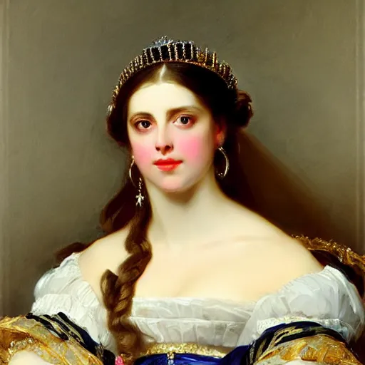 Prompt: beautiful painting of a queen by franz xaver winterhalter, highly detailed, vivid, romanticism, 1 8 6 0 s style art, high quality, elegant, fancy