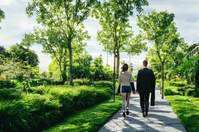 Prompt: a cinematic wideangle photograph of a man and woman walking through a walkway, green plants, blue sky, beautiful lighting, ultra realistic, movie still