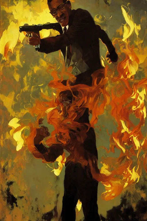 Image similar to gus fring screaming, explosion, exploding, flames, motion lines, action lines, painting by'phil hale '!!! gaston bussiere, craig mullins, greg rutkowski, alphonse mucha,