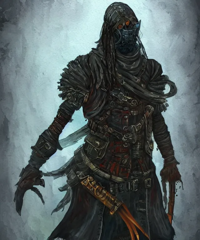 Image similar to a oil / watercolor painting full body character portrait of a dread hacker in the style of dark souls in the style of darkest dungeon trending on artstation deviantart pinterest detailed realistic hd 8 k high resolution