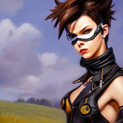 Image similar to oil painting of punk tracer overwatch in a field wearing very large black leather belt choker collar around neck, in style of mark arian, expressive face, very detailed face, very detailed eyes, full body, feminine face, detailed makeup on eyes, tracer overwatch,