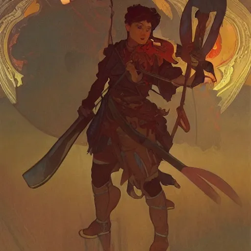 Prompt: Warrior wielding a greataxe under a red moon, digital art, art by Alphonse Mucha, Greg Rutkowski, Alex Ross, Artstation, 8K