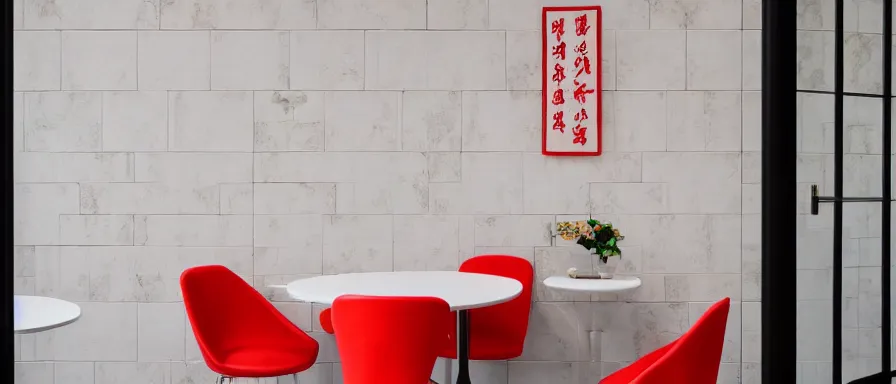 Image similar to a beautiful simple interior render of small roasted string hotpot restaurant restaurant yan'an, wall corner, from china, red paper wall and white tile floor, rectangle white porcelain table, black chair, fine simple delicate structure, chinese style, simple composition, simple style structure decoration design, victo ngai, 4 k hd