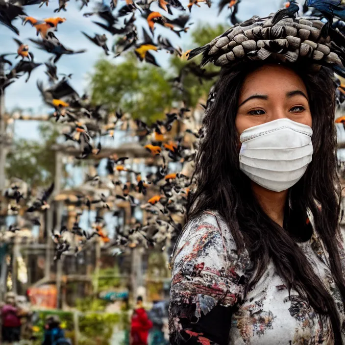 Image similar to a closeup portrait of a woman wearing a mask made of birds, in an abandoned theme park, by omar z. robles, canon eos c 3 0 0, ƒ 1. 8, 3 5 mm, 8 k, medium - format print