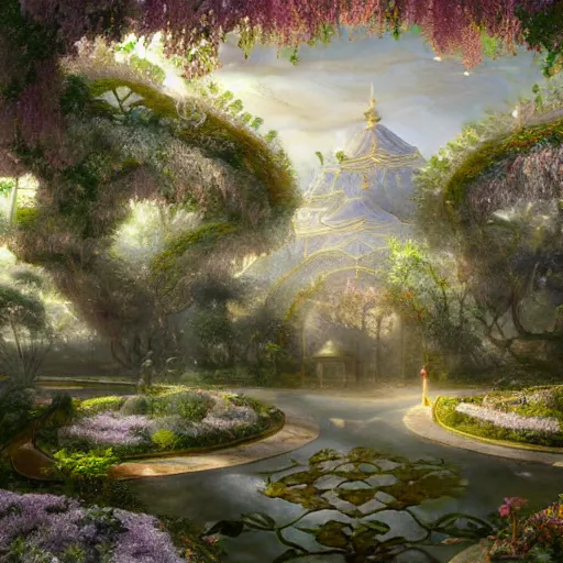 Image similar to dreamy landscape in an ornate baroque aya takano-inspired dream palace sparkle courtyard overgrown with metallic blender renders of falling iridescent flower petals, gorgeous cloud-structures surrounded by cute forest scenery with various futuristic exobiome-related plants, iridescent pixiv scenery artwork ornated by gold-trimmed nature, beautiful surrealism oil painting, trending on artstation