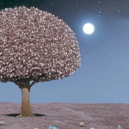 Image similar to an apple tree on the moon in the background the earth and death star from star wars the movie