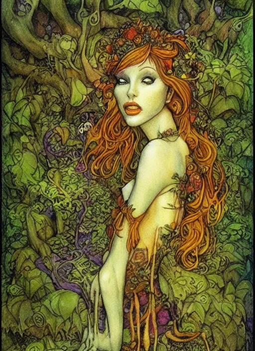 Image similar to junoesque fey queen, vine dress, glowing forest, strong line, eerie color, beautiful! coherent! by brian froud