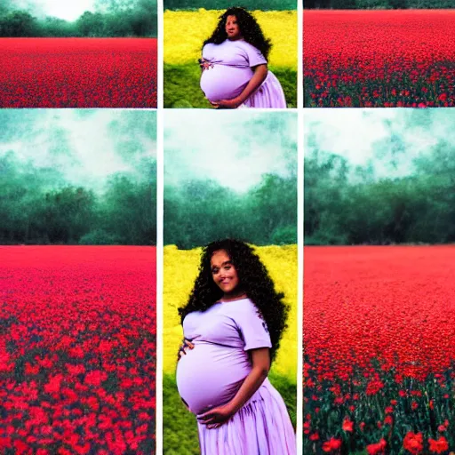 Image similar to pregnant black woman with curly hair in a vast field of flowers, laying down, a tiny black puppy running around, golden hour, vintage, impressionist painting, fine art, oil painting, dreamy, pastel, laughing, happy, intricate details, sharp, peaceful, serene