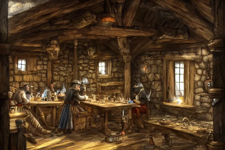 Prompt: A tiny medieval tavern viewed from the inside, texture, intricate, details, highly detailed, masterpiece, architecture, building, trending on artstation, focus, sharp focus, concept art, digital painting, fantasy, sunny, day, midday