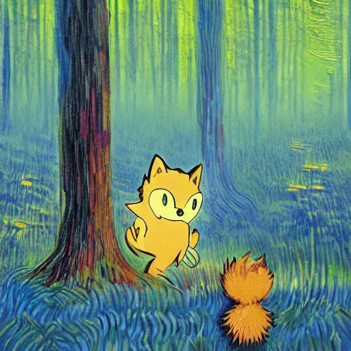 Image similar to sad ominous painting of detailed sonic the hedgehog in the woods at night, in the style of studio ghibli and moebius and claude monet and vincent van gogh