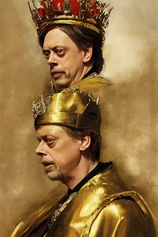 Image similar to beautiful portrait oil painting, steve buscemi wearing a golden wreath crown in royal crimson robes enthroned as the god emperor of ancient rome, mid - shot, by anders zorn, wonderful masterpiece by greg rutkowski, beautiful cinematic light, american romanticism, by thomas lawrence, greg rutkowski