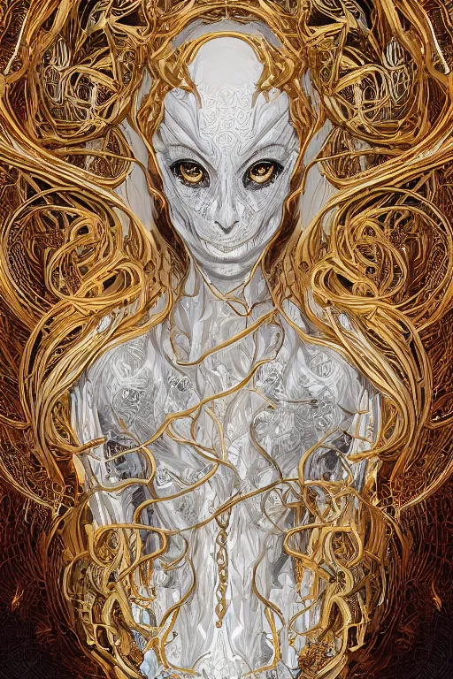 Prompt: portrait of a corrupted lovecraftian golden humanoid queen in the style of god of war, 8 intricate white and gold tentacles,, intricate, elegant, highly detailed, digital painting, artstation, concept art, smooth, sharp focus, illustration, art by artgerm and greg rutkowski and alphonse mucha, 8 k