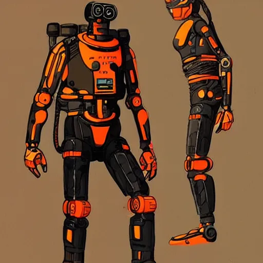 Image similar to cyberpunk athlete dude with robotic feet. orange and black color scheme. concept art by james gurney and mœbius. apex legends character art