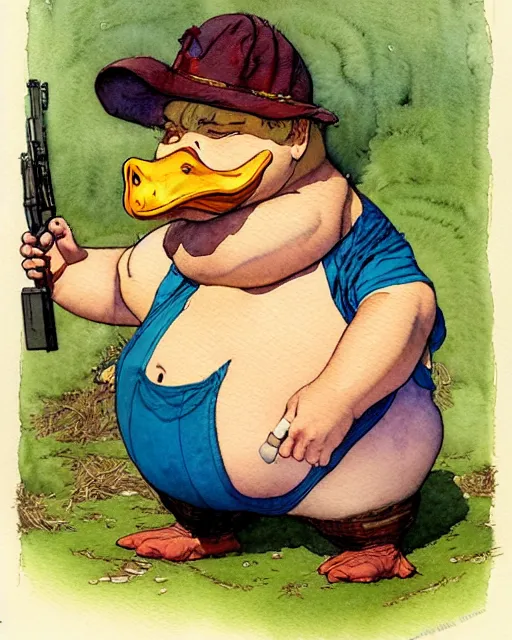 Image similar to a realistic and atmospheric watercolour fantasy character concept art portrait of a fat adorable dirty chibi duck wearing a wife beater and firing a handgun, by rebecca guay, michael kaluta, charles vess and jean moebius giraud