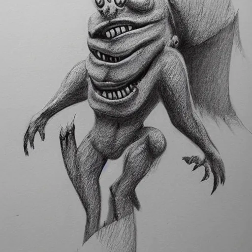 Prompt: a pencil sketch of a monster is climbing outside the paper towards the viewer of the photo, 3d art