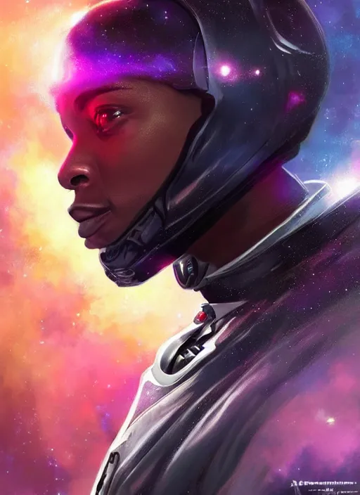 Prompt: handsome black man smirking condescendingly in an advanced spacesuit in front of exploding nebulae halos, digital illustration trending on artstation by artgerm and rutkowski