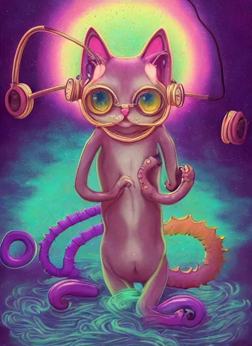 Prompt: cat seahorse fursona wearing headphones, autistic bisexual graphic designer, long haired attractive androgynous humanoid, coherent detailed character design, weirdcore voidpunk digital art by delphin enjolras, simon stalenhag, louis wain, william joyce, amy sol, furaffinity, cgsociety, trending on deviantart