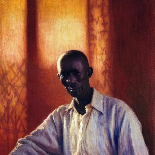 Image similar to a painting of a jovial, loving, daddy/fatherly, generous, kind wise elder and his on from Kenya by Henry Ossawa Tanner . dramatic angle, ethereal lights, details, smooth, sharp focus, illustration, realistic, cinematic, artstation, award winning, rgb , unreal engine, octane render, cinematic light, macro, depth of field, blur, red light and clouds from the back, highly detailed epic cinematic concept art CG render made in Maya, Blender and Photoshop, octane render, excellent composition, dynamic dramatic cinematic lighting, aesthetic, very inspirational, arthouse.