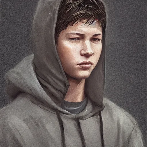 Image similar to portrait of a man by greg rutkowski, he looks like tye sheridan, he is about 2 0 years old, messy brown hair, tired eyes, he is wearing a black hoodie with hood, highly detailed portrait, digital painting, artstation, concept art, smooth, sharp foccus ilustration, artstation hq