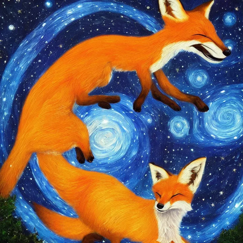 Image similar to a centred painting of a fox looking up at the colourful galaxy in the style of Starry Night, highly detailed, trending on artstation