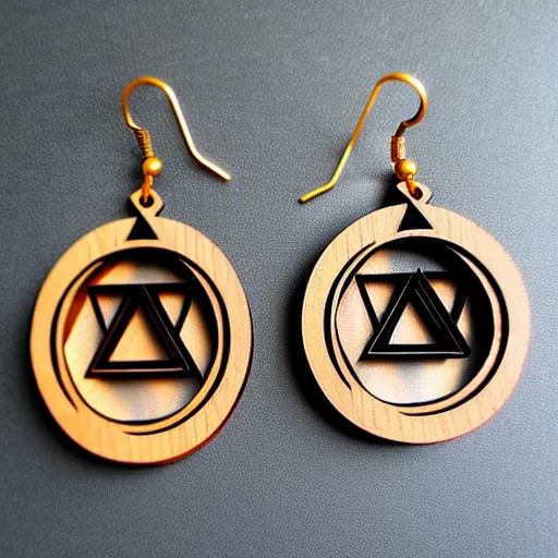 Image similar to 2 d wood lasercut earrings, mystical symbols, 8 k, hd, trending on amazon on artstation, trending on deviantart, trending on etsy, epic digital art