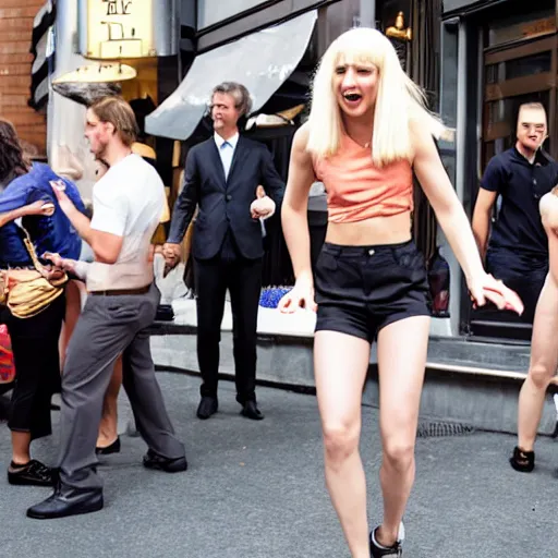 Image similar to A blond androgynous guy in a crop top and shorts dancing with businessmen and lawyers outside starbucks