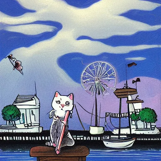 Image similar to a small white kitten at the wharf in San Francisco, fantasy illustration,