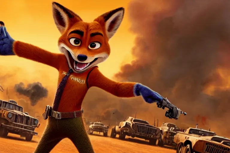 Image similar to nick wilde ( from zootopia ), heavily armed and armored facing down armageddon in a dark and gritty reboot from the makers of mad max : fury road