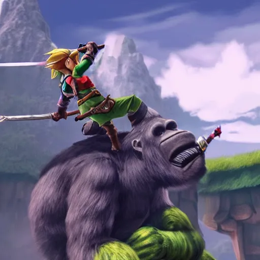 Image similar to link from the legend of zelda riding a giant gorilla, 6 0 fps max settings, beautiful, ingame screenshot