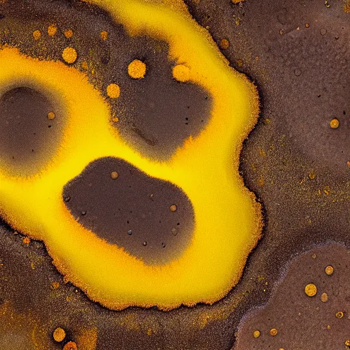 Image similar to a yellow and brown bacterial mat at a yellowstone hotspring, macro photography, extremely detailed, small features, bumps, craters, follicles, high contrast, bright yellow, dull brown