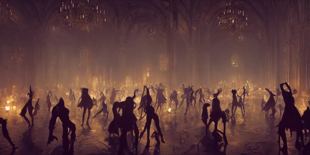 Prompt: beautiful render of a ballroom, unreal engine, many dancers, at night, medieval!!!!, very bright, artstation, detailled, manga!!!, fantasy!!!!!! by greg rutkowski