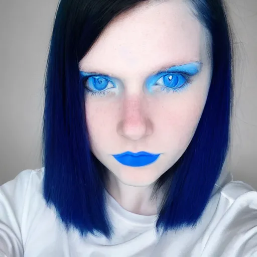 Image similar to a pale girl with wide blue eyes and blue hair, soft facial features, looking directly at the camera, neutral expression, instagram picture