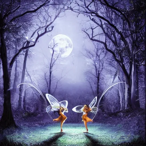 Prompt: The most artistic picture 3-D digital art fairies dancing in the woods by a full moon, surreal, award winning, highly detailed