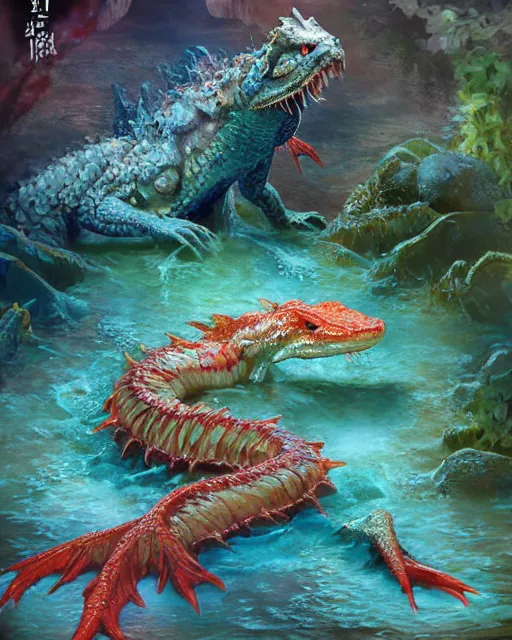 Image similar to ethereal, gorgeous, mysteriously beautiful giant huge kaiju sized pond dragon half fish half salamander, sea dragon, wet amphibious skin, red salamander, axolotl creature, koi pond, korean village by Ruan Jia and Gil Elvgren, fullbody