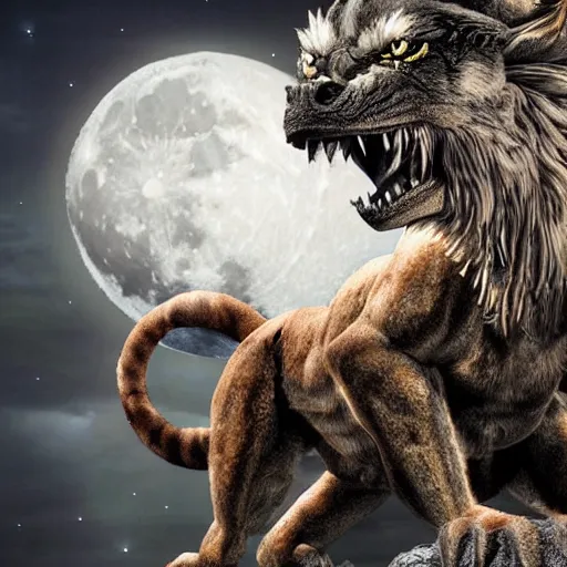 Image similar to Furred chimera with crocodile's body and a wolve's head, concept art, illuminated by full moon, professional photoshop artwork, highly detailed