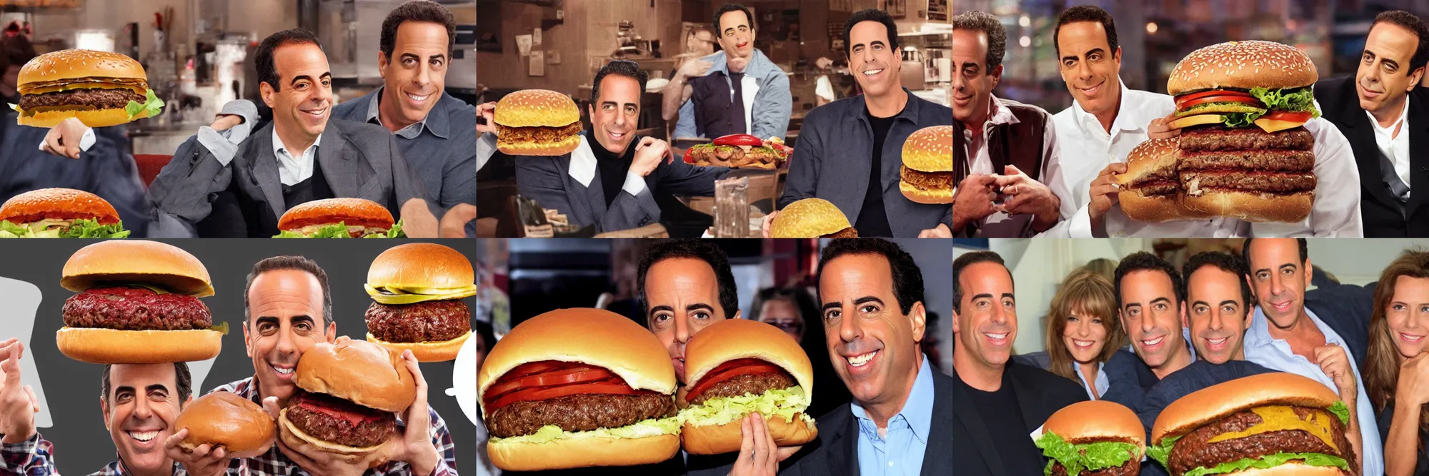 Prompt: A giant hamburger eating Jerry Seinfeld between its buns