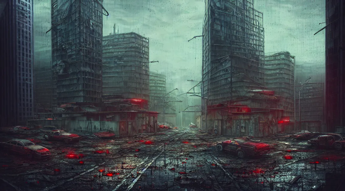 Image similar to post apocalyptic city building, raining, building, avenue, modern contemporary urban americana concrete architecture, paved roads, by pascal blanche trending on artstation, photorealistic, neon ambiance, ultra detailed, high definition, depth of field, bokeh, wild vegetation, blood stains, crumbling, post - apocalyptic warriors