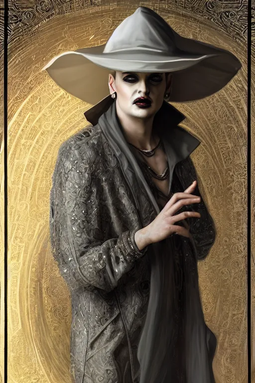 Prompt: portrait of boy george as dream of the endless, the sandman, grey clothes, in persian temple wet night, sci - fi and fantasy, intricate and very very beautiful and elegant, highly detailed, digital painting, artstation, concept art, smooth and sharp focus, illustration, art by tian zi and wlop and alphonse mucha