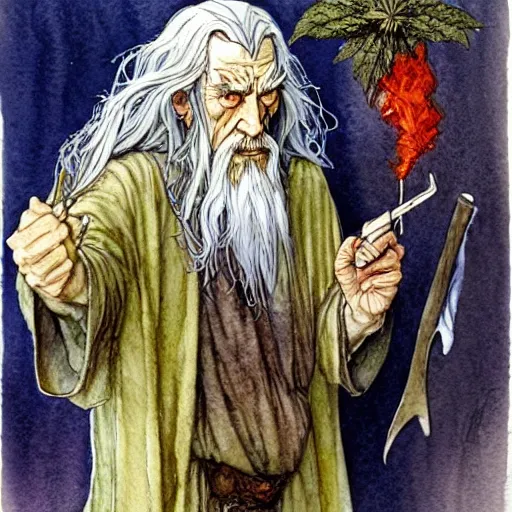 Image similar to a realistic and atmospheric watercolour fantasy character concept art portrait of gandalf with bloodshot eyes looking confused and smoking weed out of his pipe with a pot leaf nearby, by rebecca guay, michael kaluta, charles vess and jean moebius giraud