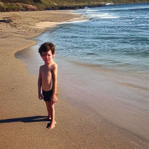 Prompt: photo of a boy at the beach