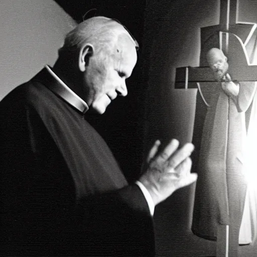 Image similar to photograph of john paul ii in black clothes staring at a big glowing christian cross, night, pitch black