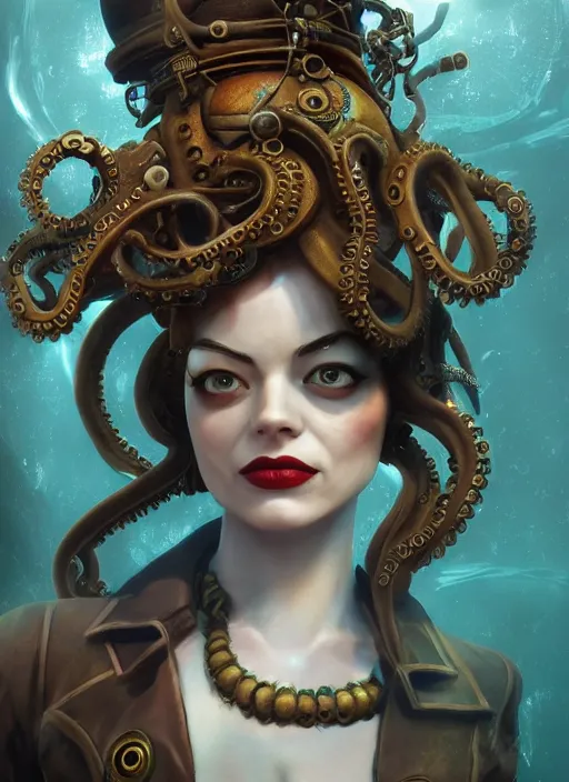 Image similar to underwater steampunk bioshock pirate portrait of emma stone, octopus, hyper detailed, digital art, trending in artstation, cinematic lighting, studio quality, smooth render, unreal engine 5 rendered, octane rendered, art style by klimt and nixeu and ian sprigger and wlop and krenz cushart.