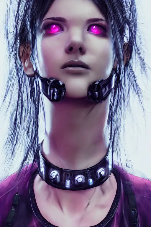 Image similar to detailed realistic cyberpunk female character cyberpunk wearing steel collar around neck, realistic, art, beautiful, 4K, collar, choker, collar around neck, punk, artstation, detailed, female, woman, choker, cyberpunk, neon, punk, collar, choker, collar around neck, thick collar, choker around neck, wearing choker, wearing collar, bright neon punk hair,